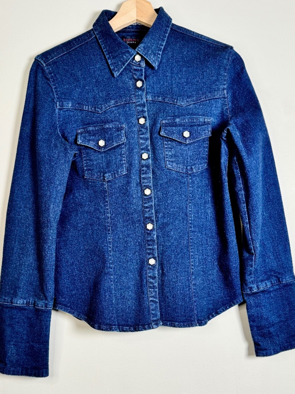 Vtg Y2K Tommy Jeans Stretch Denim Western Pearl Snap Shirt Sz S